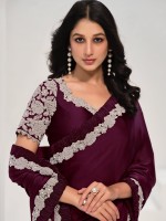 Plum Crepe Satin Silk Saree